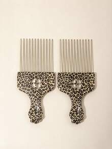 2/1PC Leopard Print Afro Pick Comb, Metal Wide Tooth Hair Pick For Curly Thick Hair, Anti-Snag Detangling Hair Lift Comb For Men Women Hair Styling Tool - Beard Comb - View 5