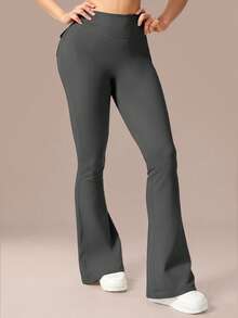 6pecil Women's Grey Flared Yoga Pants, With Button Pockets, V-Waist Hip-Lifting Flared Leg, Ruched Butt-Shaping Fitness Pants, Autumn/Winter Sports Style - Grey - View 5