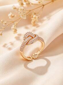 1pc Minimalist Luxury Fashion Knot Design Sparkling Zirconia Ring, Suitable For Wedding, Engagement, Party, Holiday Wear - Gold - View 3