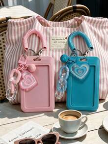Cute Heart Shaped ID Card Holder With Detachable Slide Cover Clear ID Windo,Retractable Coil Spring Lanyard, For Student ID, Meal Card, Work Pass - Multicolor - View 4