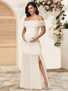 JustVH Maternity Floral Cold Shoulder Dress, Elegant Chiffon Slit Hem Gown, Suitable For Baby Shower Photos - Apricot - View 3