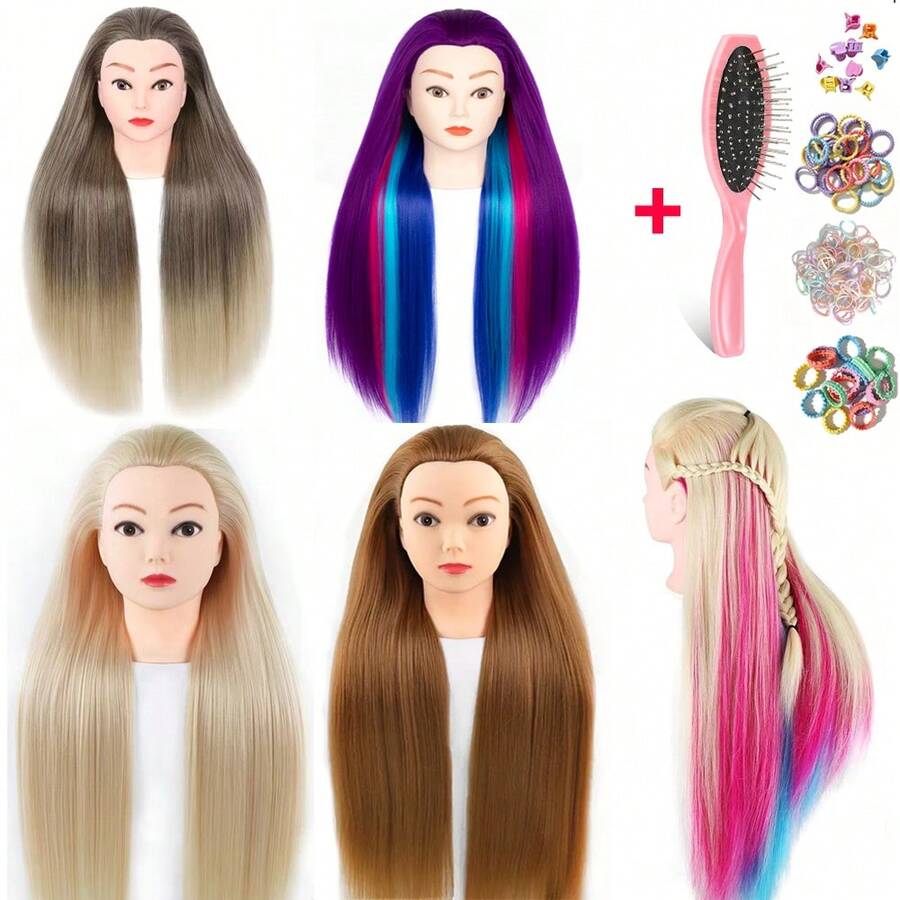 URmeili Synthetic Hair Training Mannequin Head, Cosmetology Practice Doll Head For Braiding Styling Hairdressing, With Free Hair Brush & Hair Ties, Multi-Color Optional - View 1
