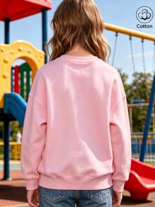 Cotton Girls' Crew Neck Sweatshirt, Loose Fit For Autumn And Winter, Cute Sweet Girl's Preppy Style - Pink - View 2