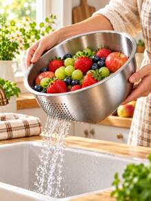 Stainless Steel Storage Basket And Basin, Multipurpose Perforated Organizer Bowl With Drain Holes, Large Capacity Kitchen Storage Container For Fruits, Vegetables, Rice, Pantry Supplies, Countertop Organization, Home Storage And Daily Household Needs - Multicolor - View 2