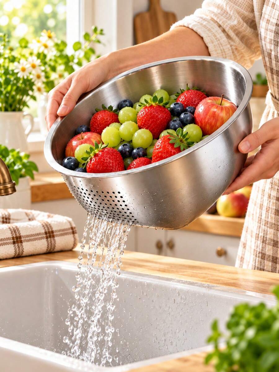Stainless Steel Storage Basket And Basin, Multipurpose Perforated Organizer Bowl With Drain Holes, Large Capacity Kitchen Storage Container For Fruits, Vegetables, Rice, Pantry Supplies, Countertop Organization, Home Storage And Daily Household Needs