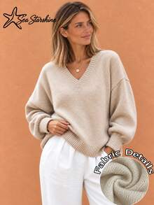 Sea Starshine Sweater Rajut Wanita Model Terbaru Musim Gugur/Dingin, Warna Polos, Leher V, Lengan Lentera, Sweater Pendek Longgar Lembut, Sweater Kasual Amerika untuk Berkomuter - Aprikot - View 1