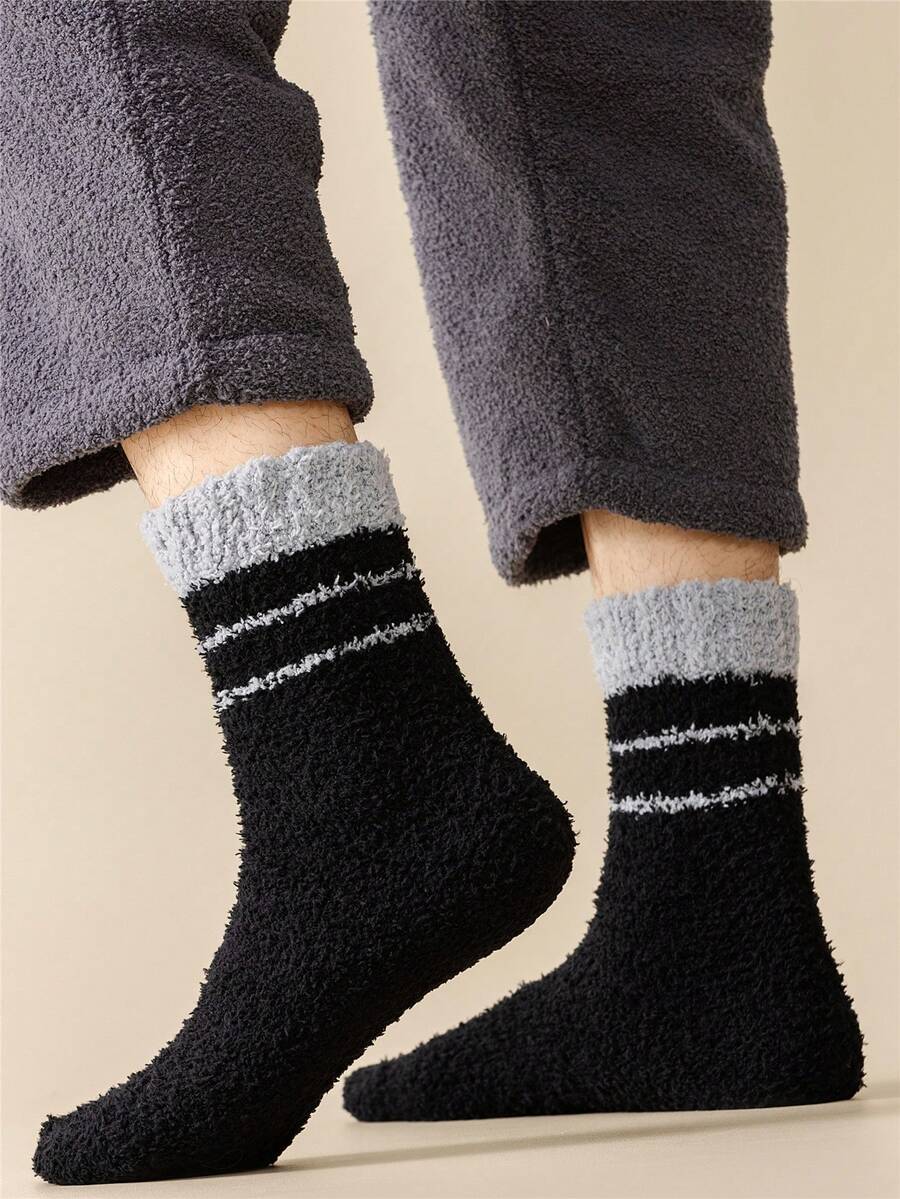 1/3 Pasang Kaos Kaki Pria Nyaman Bergaris Hitam, Kaos Kaki Musim Dingin Warna Polos Hangat Lembut Berbulu Setinggi Betis - MultiWarna - View 1
