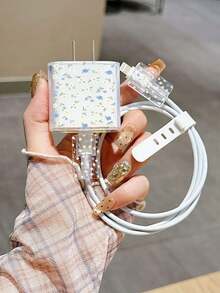 Fresh Light Blue Floral Pattern, Compatible With Iphone 18W/20W Transparent Charger Protective Case, Compatible With Iphone 13/14/15 Charger Protective Case, 20W Charger Protective Case Set, Charging Cable Head Protective Case, Gift, Transparent Protective Case, Charger Protective Shell - Multicolor - View 2