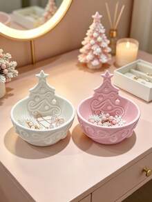 3D Printed Christmas Tree Shaped Jewelry Storage Bowl, 3D Embossed Pattern, Multiple Colors Available. Vanity Storage For Rings, Earrings, Necklaces, Christmas Atmosphere Desktop Decor, Creative Holiday Gift. - Multicolor - View 3