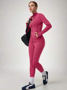 NcmRyu 1-Piece Women's Mandarin Collar Zipper Thumb-Hole Top With Pockets And Fishbone Stitching Jacket And Butt-Lifting Long Pants Set - Pink - View 10