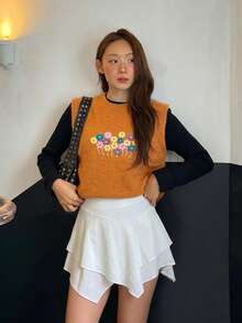 Rompi Sweater Bordir Bunga, Atasan Rajut Bergaris Tanpa Lengan Leher Bulat, Warna Oranye Lembut, Gaya Vintage Chic Kasual, Pakaian Berlapis untuk Musim Gugur untuk Wanita - Jeruk - View 3