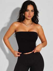 Women's Black Sexy Strapless Top, Basic Camisole Inner Layer For Autumn Outfits - Black - View 7