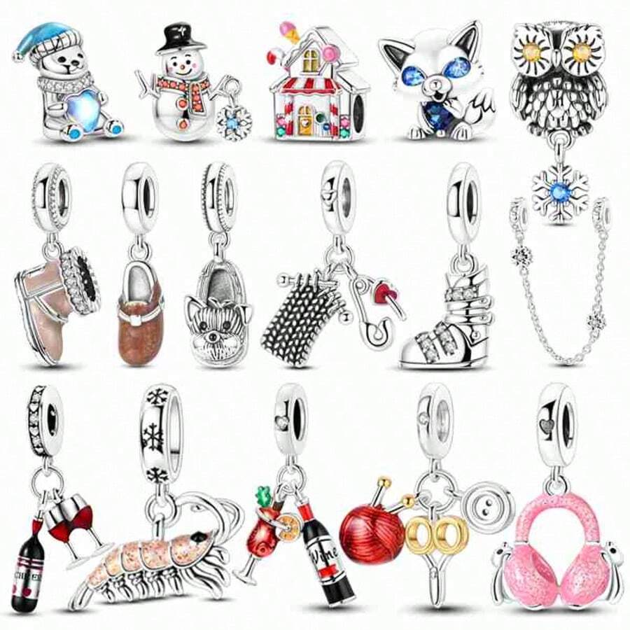 1Pc Winter Lifestyle Dangle Charm Collection Silver Color Enamel CZ Animal Fashion Daily Item Beads Charm For Bracelet Necklace Jewelry Making Gift