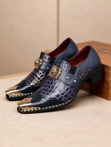 QRLQRL 1 Pair Men's Crocodile Pattern Metal Buckle Pointed Toe PU Upper Rubber Sole Non-Slip Casual Chelsea Boots Suitable For Casual Occasions - Blue - View 3