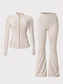 NcmRyu Women's One Set Solid Color Small Stand Collar Side Pocket Zipper Thumbhole Long Sleeve Jacket High Waist Flared Yoga Pants Set - Beige - View 5