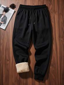 Men's Autumn/Winter Casual Solid Color Minimalist Thermal Lined Jogger Pants - Black - View 9