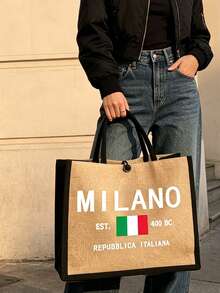 亞麻托特包套組，包含一個印有「Milan」字樣的托特包和一個印花小收納袋，字母與花卉圖案設計，附個性化禮品包裝，大包與小包組合，適合婚禮、生日、海灘、假期等場合，送給女性、母親、老師、朋友、伴娘、學生的完美禮物，開學季適用 - 彩色 - 查看 2