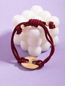 1pc Burgundy Knot Adjustable Bracelet, Minimalist Metal Oval Buckle With Braided Rope, Vintage Style Adjustable Drawstring Wrist Accessory, Suitable For Daily Wear, Date, Casual Outfits - Multicolor - View 2
