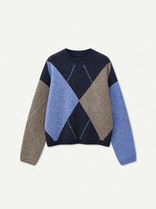 Autumn/Winter Fashion Romantic Elegant Three-Color Patchwork Round Neck Long Sleeve Sweater - Light Brown and Blue Color-block - View 6