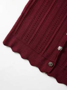 FOR BEAUTY Fall Winter Women Sweaters Elegant Casual Y2K Burgundy Crew Neck Metal Button Pointelle Ribbed Knit Cardigan Outfits Jacket Top - Burgundy - View 10