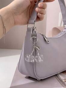 Transparent Rhinestone Cherry Bag Charm, Cute Crystal-Like Cherry Keychain With Metal Leaf Pendant, Fashionable Personalized Backpack Handbag Decoration Accessory - Multicolor - View 7