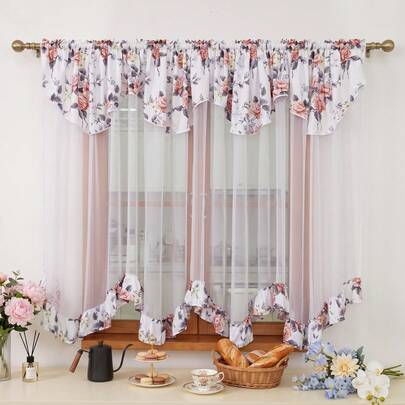 FLYINGCURTAINS ستائر نافذة من الشاش المطبوع بالزهور مع حافة دانتيل + ستائر قصيرة شفافة، ستائر ديكورية بحافة دانتيل زهور عتيقة، ستائر شفافة بأسلوب المقهى مناسبة للمطابخ والحمامات والنوافذ الصغيرة وديكور المنزل