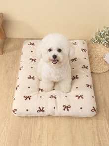 Cream White Base Brown Bow Pattern Thick Warm Pet Sleeping Mat, Suitable For Autumn/Winter Dogs And Cats, Soft Sleeping Pad, Suitable For Teddy, Bichon And Cats, Not Suitable For Large Dogs - White - View 3