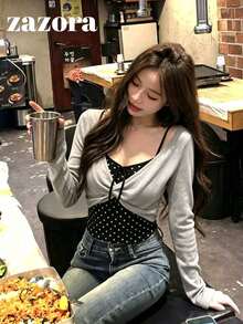Women's Long Sleeve T-Shirt Base Layer, Slim Fit 2 In 1 Polka Dot Mesh Semi-Sheer Unique Top, Autumn - Light Grey - View 6