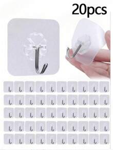 Transparent No-Nail Hooks - No Drilling Installation, Transparent Adhesive Design (Suitable For Mirrors) - Thickened Plastic Hooks, Suitable For Hanging Spray Bottles, Towels, Kitchen Utensils In Kitchen And Bathroom - Modern Minimalist Style, Tool-Free Installation, Multi-Purpose Hooks - Clear - View 14
