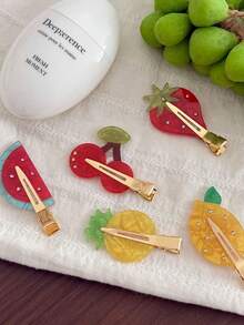 5pcs/1pc Fresh Cartoon Fruit Acetate Hair Clips Watermelon Strawberry Cherry Lemon Pineapple Shaped Side Clips Rhinestone Studded Bangs Hair Clips Women Hair Accessories Daily Casual Versatile Loose Hair Clips - Multicolor - View 8