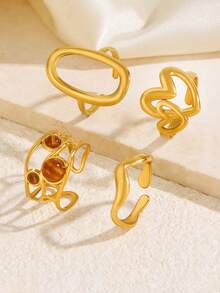 4pcs Stainless Steel Gold Fashion Elegant Luxury Geometric Oval Heart Line Ring Set Suitable For Women Daily Holiday Date Wear - Multicolor - View 4