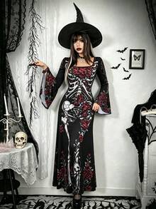 Gothic Skull Rose Long Dress, Bell Sleeve Lace Trim Knit Dress, Witch Style Halloween Costume - Black - View 5