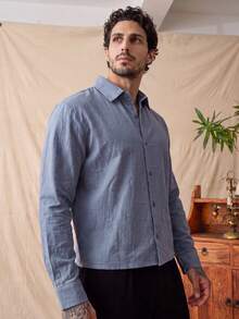glestore Men's Vintage American "Old Money Style" 100% Pure Cotton Short Sleeve Shirt, Fashionable And Versatile, Suitable For Commuting, Casual And Vacation - Dusty Blue - View 4