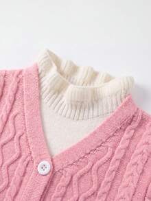 Korean Style Sweet Girl Cable Knit Cardigan, Pink 3D Cable Knit V-Neck Front Opening, White Wavy Ruffle Collar Inner Layer, 2-In-1 Design, Ribbed Cuffs Long Sleeve, Soft Gentle Outdoor Sweater For Baby And Toddler - Pink - View 4