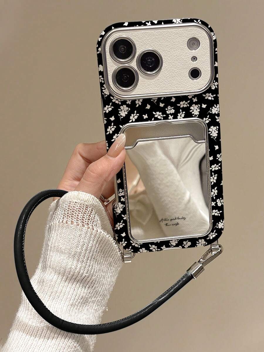 Casing Ponsel Gaya Korea Ins Motif Bunga Hitam Putih dengan Cermin Rias Terintegrasi, Bingkai Lensa Kulit Imitasi Leci Jendela Besar, Perlindungan Penuh Tahan Guncangan dengan Tali Tangan Kulit Hitam, Kompatibel dengan iPhone 18 Pro/18 Pro Max/17/17 Pro/17 Pro Max/16/16 Pro/16 Pro Max/15/15 Pro/15 Pro Max/14/14 Pro/14 Pro Max/13 Pro Max/13 - MultiWarna - View 1