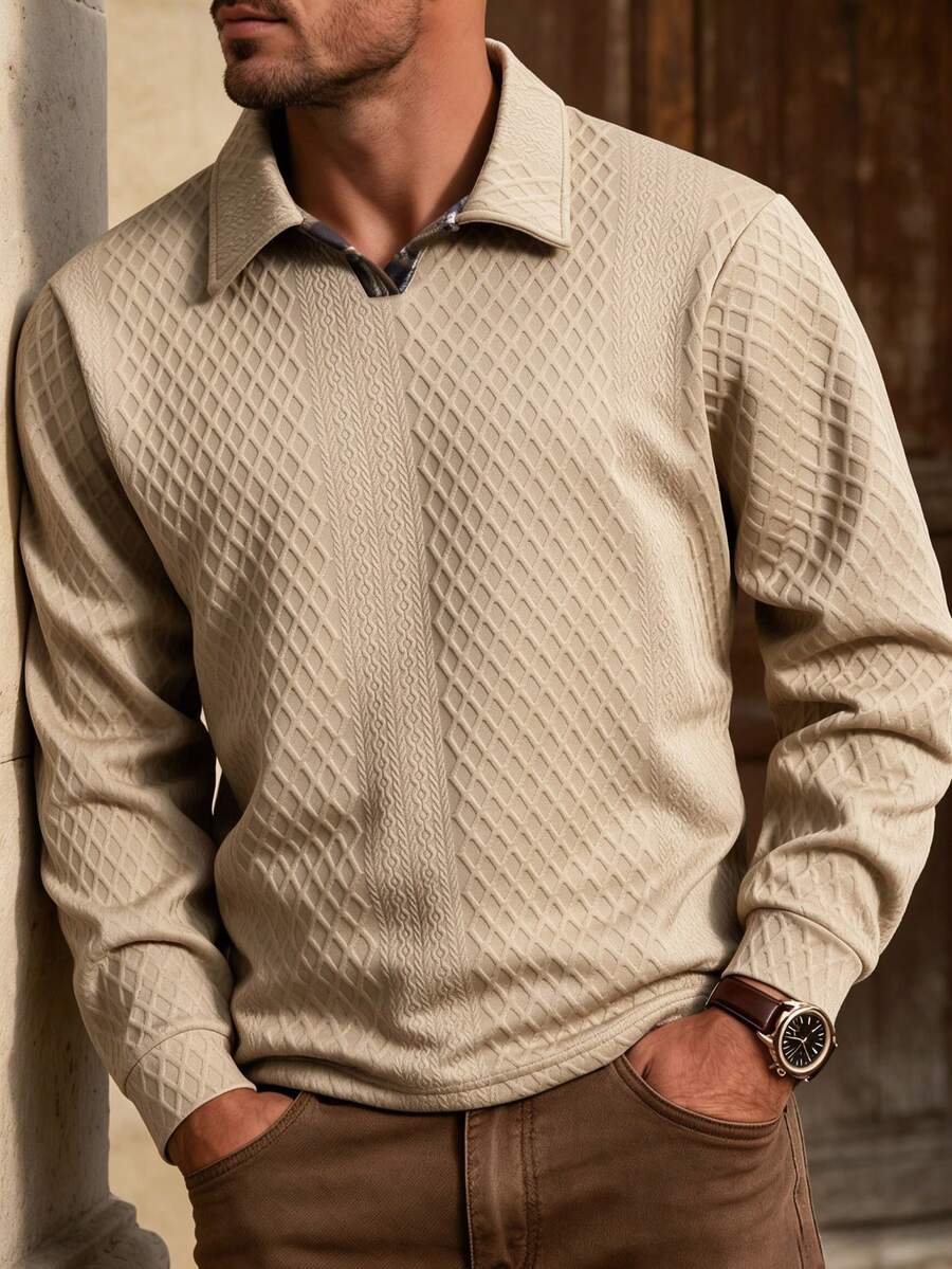 Men's Spring/Autumn Casual Fashion Polo Collar Half-Zip Pullover Long Sleeve Sweatshirt, Suitable For Daily Commute And Vacation - Khaki - View 1
