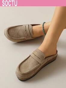 Old Money Style Matte Suede Loafers For Women, Classic Penny Loafer Flat Shoes In Khaki, Comfortable Slip-On Commuter Shoes - Khaki - View 5