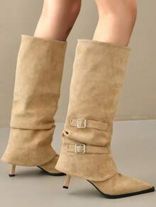 hanxiangyuzu Women's Pointed Toe Ruched Stacked Boots, 2026 Autumn/Winter New Style, Belt Buckle Kitten Heel Tall Boots, Detachable 2-In-1 Wear, Holiday - Khaki - View 4