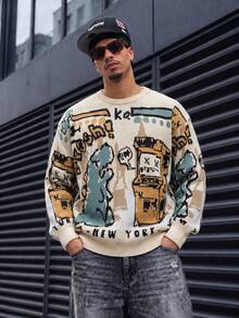 Sweater Pria ANDREILEE, Modis Kasual Serbaguna untuk di Rumah, Perjalanan, Liburan, Motif Dinosaurus, Mesin Permainan, Leher Bulat, Lengan Panjang, Longgar, Bergaris, Pullover, Pakaian Luar Musim Gugur/Dingin - Aprikot - View 1