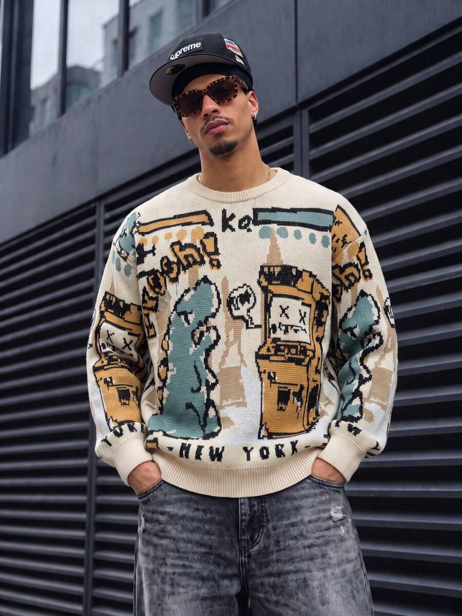 Sweater Pria ANDREILEE, Modis Kasual Serbaguna untuk di Rumah, Perjalanan, Liburan, Motif Dinosaurus, Mesin Permainan, Leher Bulat, Lengan Panjang, Longgar, Bergaris, Pullover, Pakaian Luar Musim Gugur/Dingin - Aprikot - View 1