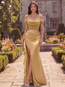 MIUSOL Sequin Floral Lace Off-Shoulder Ruffle Trim Slit Thigh Satin Evening Gown, Elegant Women's Formal Dress Party Summer - Gold - View 5