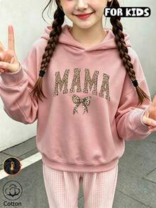 Girls Leopard MAMA Letter Bow Print Hoodie, Casual Long Sleeve Hooded Pullover - Nude Pink - View 3