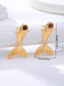 1對女士錦鯉魚耳釘，3D紋理魚尾耳飾，海洋主題造型耳環，派對與日常穿戴時尚配件 - 金色 - 查看 3