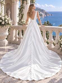 Nordiya Elegant Satin White Wedding Dress With High Slit And Pocket Design, Slimming Bridal Gown Suitable For Wedding Guest Evening Dress - White - View 5