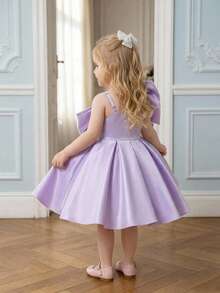 Baby Girls Asymmetric Neck Bow Purple Satin Cute Birthday Party Dress Suitable For Wedding Vacation, Headband Not Included - Mauve Purple - View 2