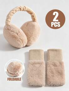 1Set Teen Girls Soft Plush Winter Accessory Set, Foldable Fluffy Earmuffs & Ribbed Knit Fingerless Gloves For Daily School Outdoor And Holiday Gifts - Earmuffs + Gloves - View 9