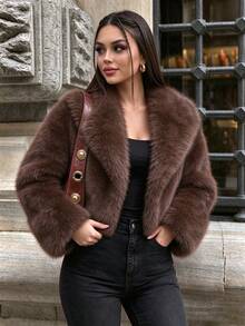 Women's Autumn/Winter Warm Slim Fit Street Commute European & American Style Short Fur Coat - Brown - View 1