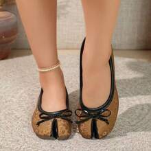 Women Leopard Print Split Toe Ballet Flats, Bow Decor Round Toe Slip On Flat Shoes, Vintage Daily Dress Shoes - Camel - View 6