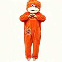 1pc Orange Cartoon Character Pajamas, Plush Full Body Hooded With Pumpkin Pocket, Soft Loungewear Set, Suitable For Teenagers - Multicolor - View 2