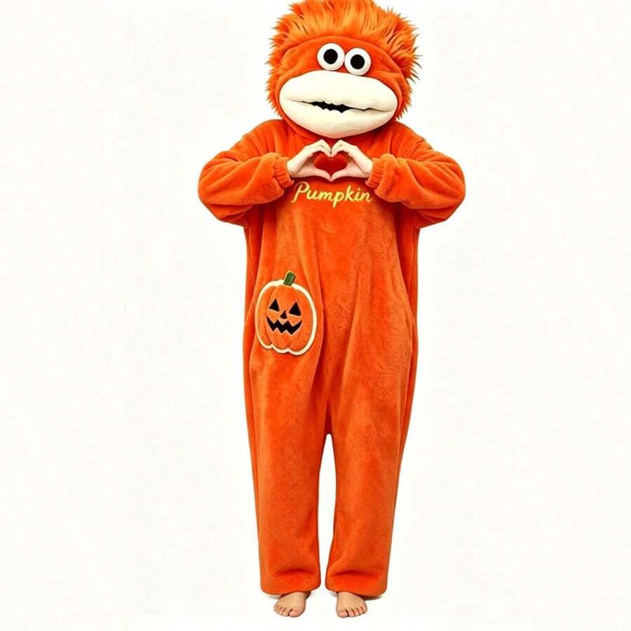 1pc Orange Cartoon Character Pajamas, Plush Full Body Hooded With Pumpkin Pocket, Soft Loungewear Set, Suitable For Teenagers